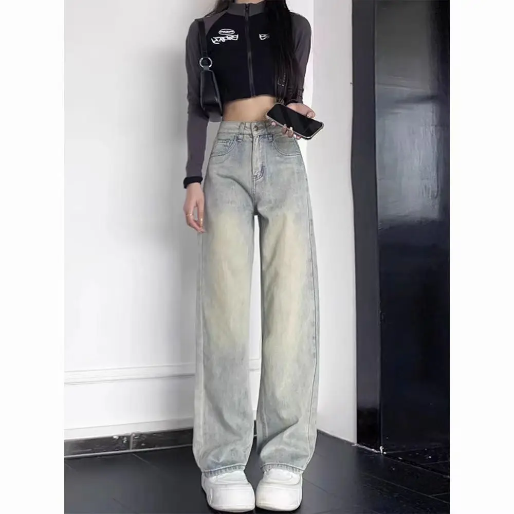 

2023 Winter Women Thick High Waist Wide Leg Jeans Cotton Clothing Streetwear Straight Denim Pants Fleece Trousers H427