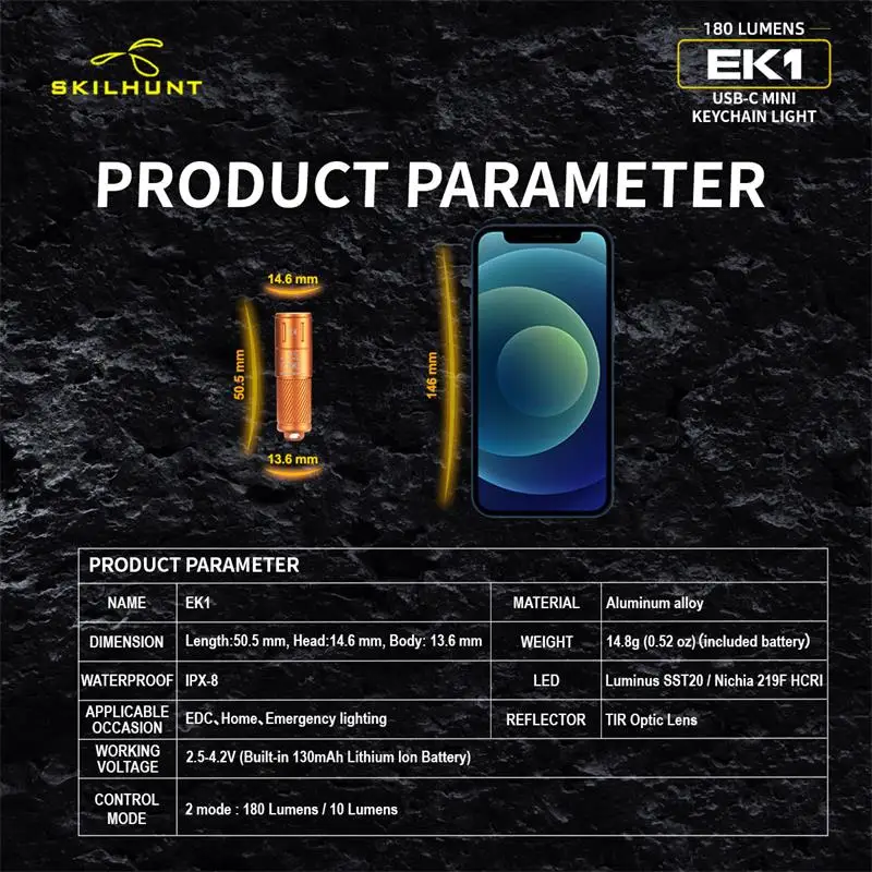 SKILHUNT EDC ̴ Űü USB-C  LED ,  ġ, ߿  ķ ŷ ̵, 180  EK1