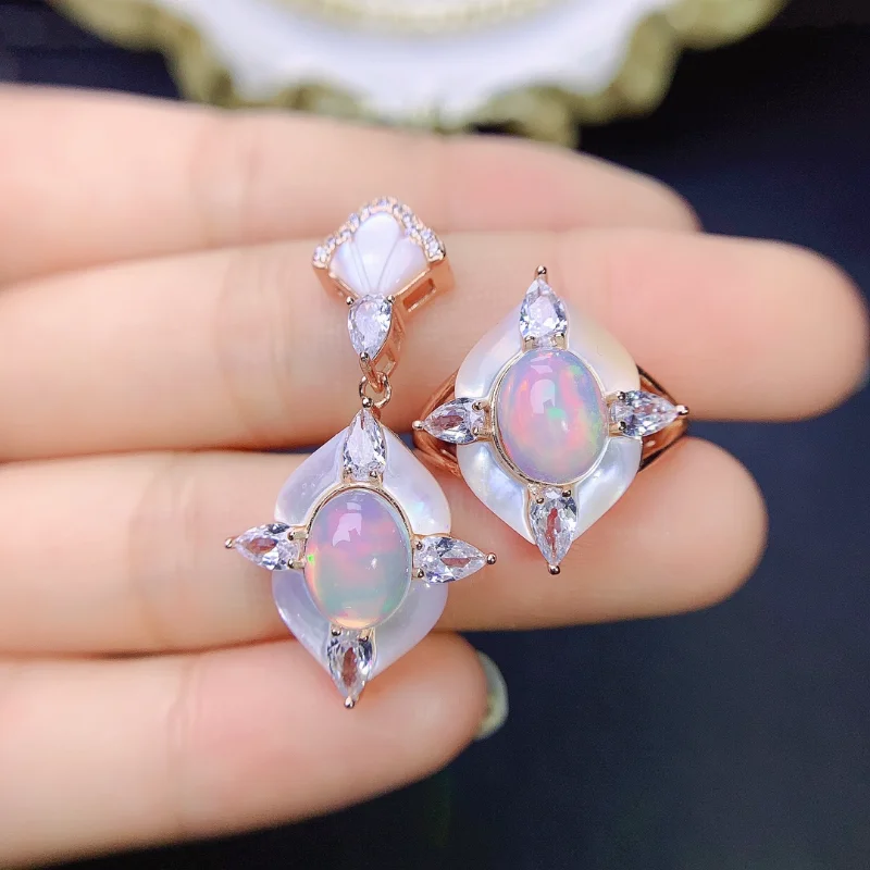 

【M&T】100% natural opal jewelry set necklace ring gem size 7x9 mm, classic elegant women's jewelry set party gift