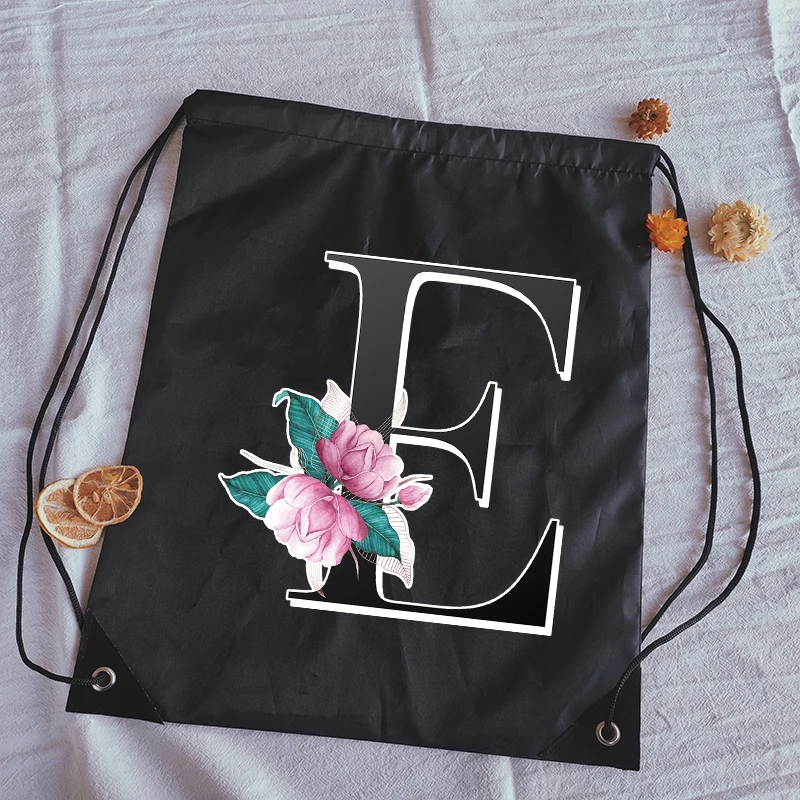 Рюкзак на шнурке с цветочным принтом алфавита для мужчин и женщин, женская сумка для йоги, портативные сумки, черный детский школьный ранец