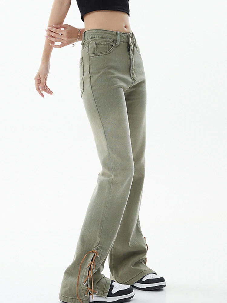 

Fashion Gothic High Waist Flare Pants Women Side Lace Up Wide Leg Denim Pants Female Harajuku Y2K Streetwear Straight Trousers