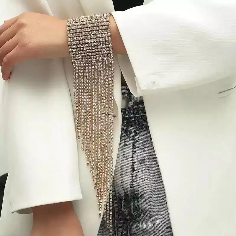

Fashion Long Style Tassel Rhinestone Bracelet Full Diamond Super Flash Nightclub Jewelry Bracelet For Women