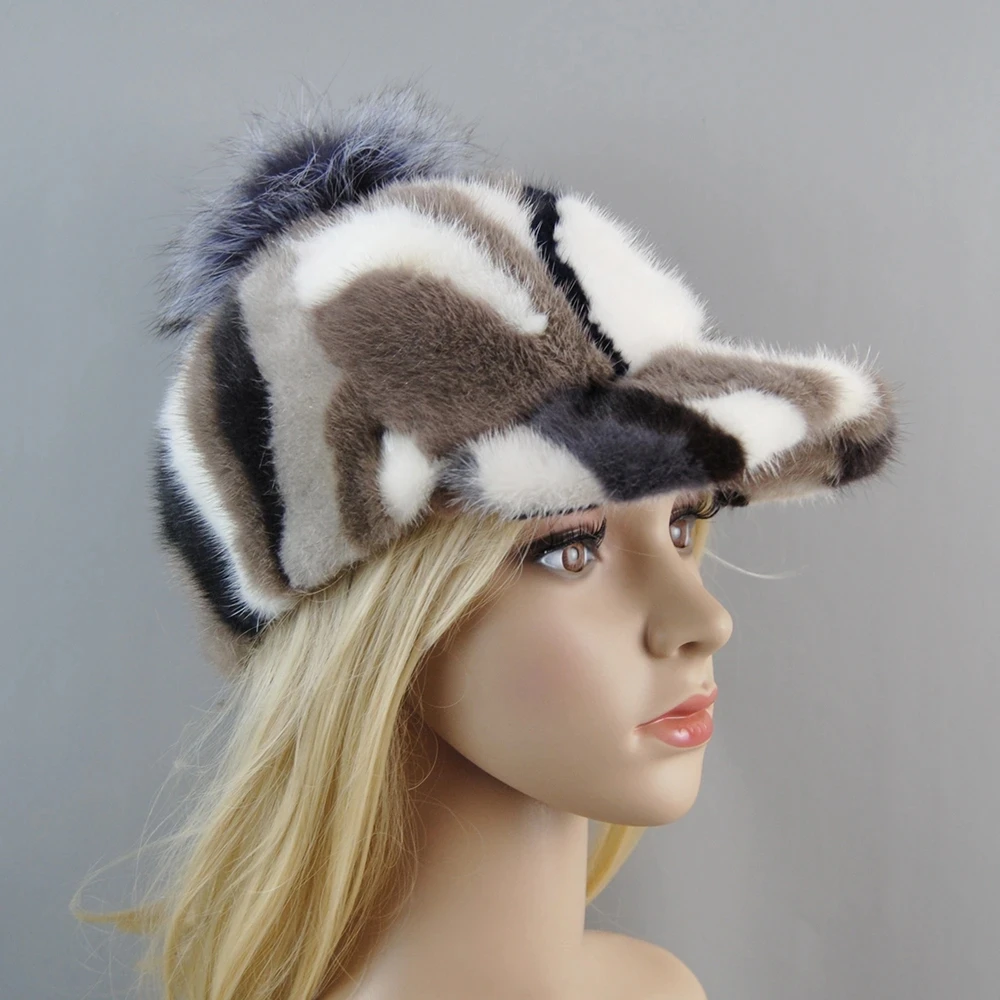 2025 Female Cute Fashion Winter Fox Fur Ball Hat Windproof Colorful Baseball Caps Real Mink Fur Hat Women Thick Warm Russian Cap 2