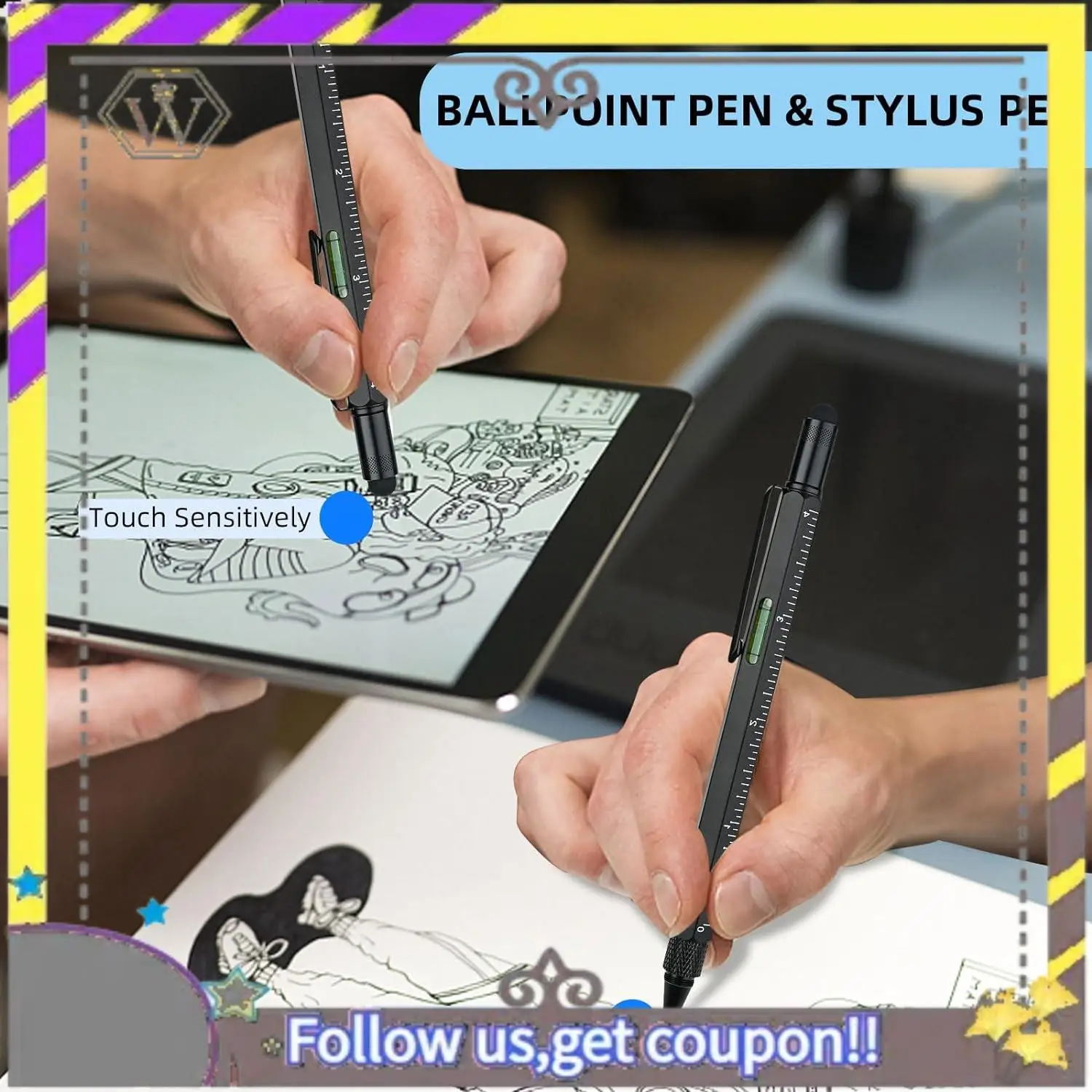 새로운 멀티툴 펜 멋진 가제트, 스타일러스가 포함된 참신한 펜, 레벨, 눈금자, 드라이버, 아빠 남편을 위한 생일 선물 Black Durab