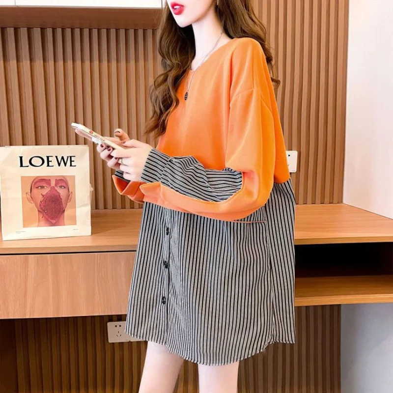 

2023 New Spring and Autumn Fashion Splice Stripe Contrast Color Round Neck Splice Button Back Lace Up Decoration Oversize Shirt