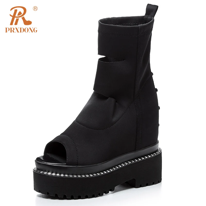 

PRXDONG New 2023 Spring Summer Women's Ankle Boots Wedges High Heels Platform Peep Toe Black Dress Party Female Shoes Long Boots