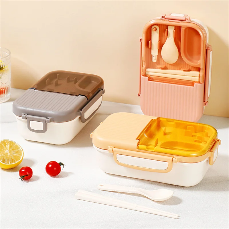 

2/3 Grids Plastic Lunch Box with Cutlery Set Portable Microwaveable Leak-proof Bento Safe Food Storage Containers for Kids