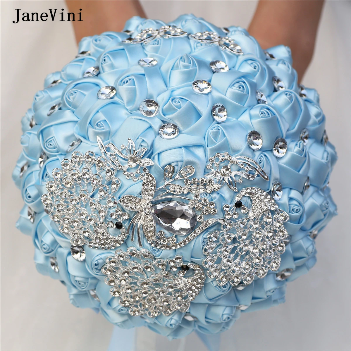 

JaneVini Stunning Sky Blue Wedding Flowers Bridesmaid Bridal Bouquets Silver Rhinestones Artificial Satin Roses Wedding Bouquet