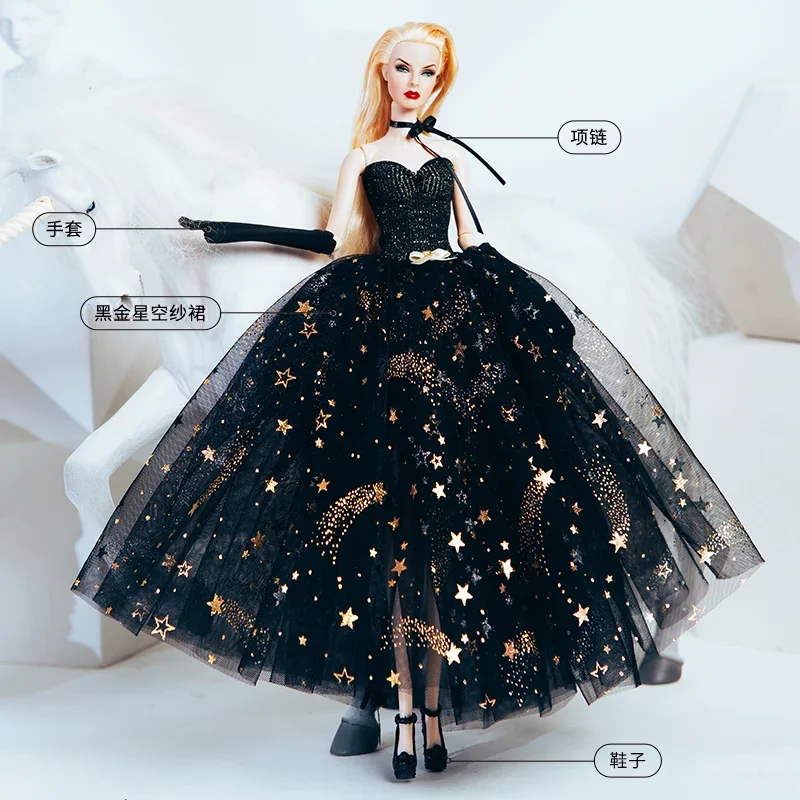 1/6 Doll Gloves & Dress for Barbie Accessories for Barbie Doll Clothes Black Star Sequin Wedding Gown Princess Outfits Toy 11.5