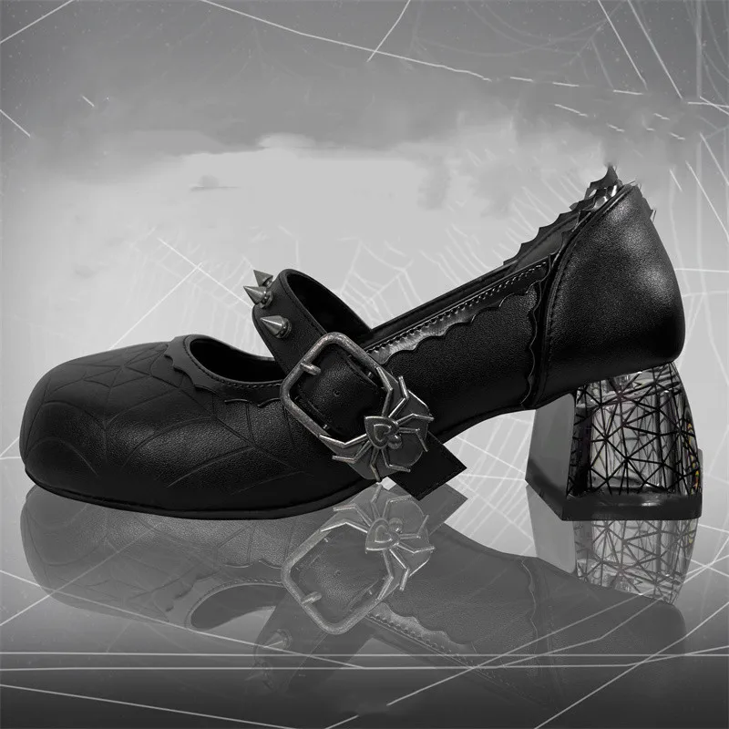 

Retro Dark Style Girls Shoes Gothic Mary Jane Round Toe Spider Web Print Ruffled Spider Metal Buckle Rivet 5.5cm High Heel Shoes