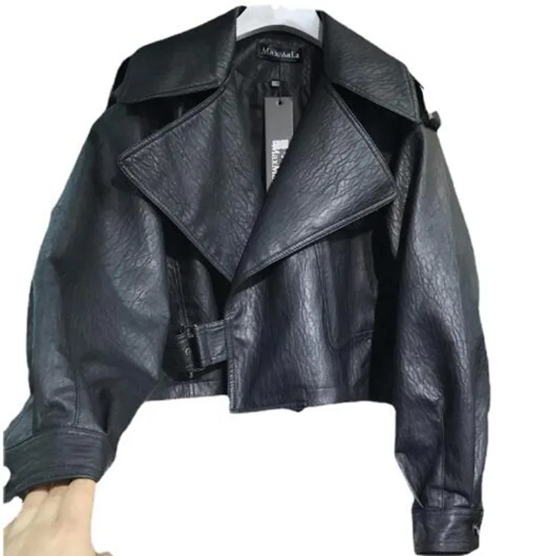 

2023 Spring autumn new fashion fashion motorcycle leather jacket loose pu leather short leather coat female blouse large lapel