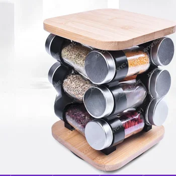 Bamboo Square Rotating Spice Jar Shelf Plastic Parts Pillar and Glass Bottle Set