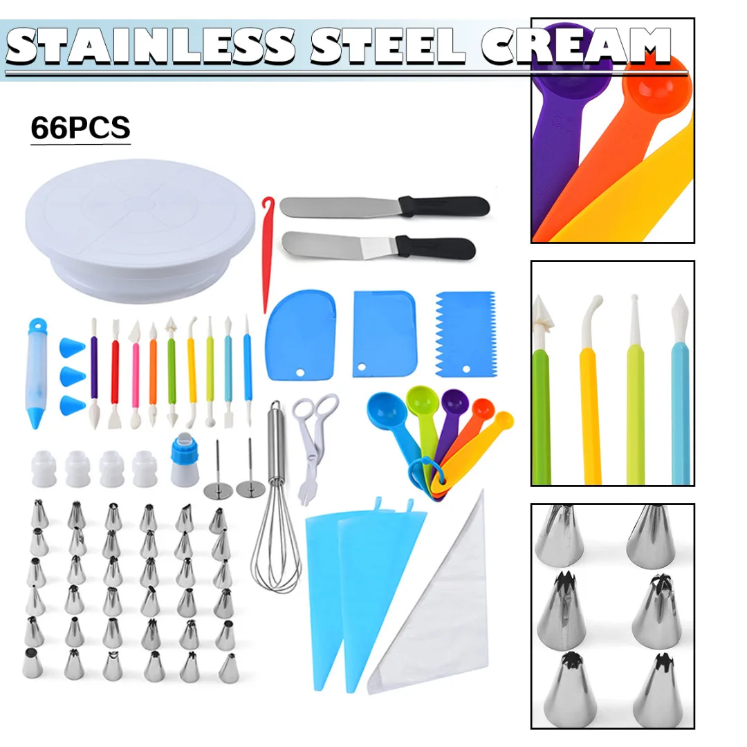 

66 Pieces Cake Decorating Supplies Kit Cake Turntable Set Pastry Tube Fondant Tool Kitchen Dessert Baking Pastry Tip Set