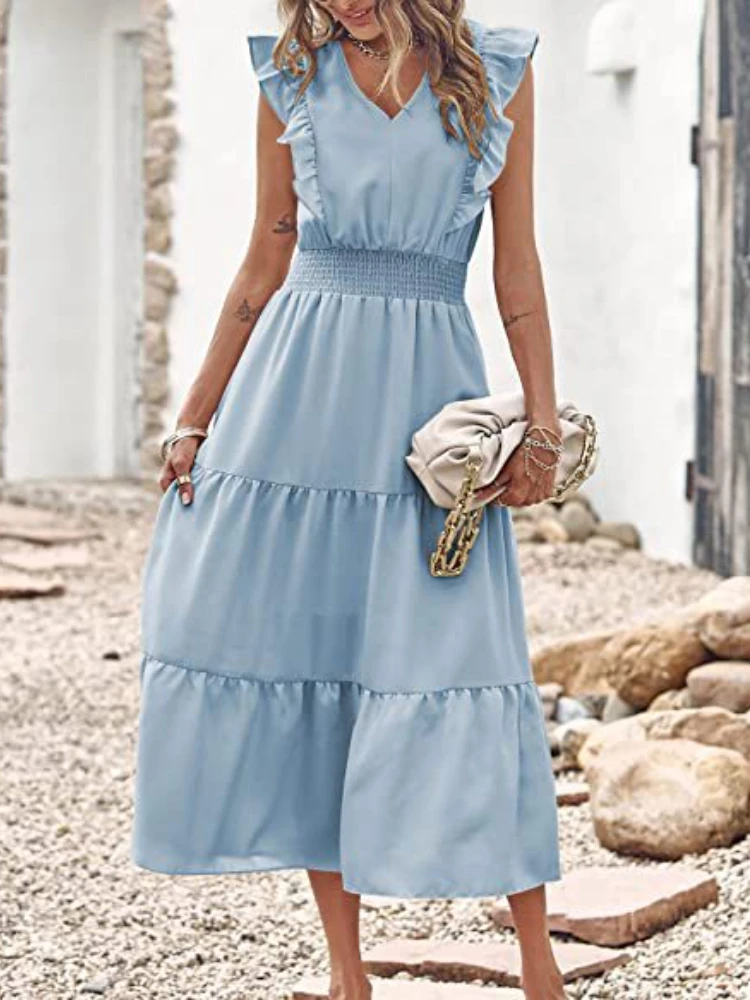 Elegante vestido de cor sólida feminino com borda de madeira, sem mangas,  decote em v, elástico na cintura, comprimento médio, verão, novo, 2023