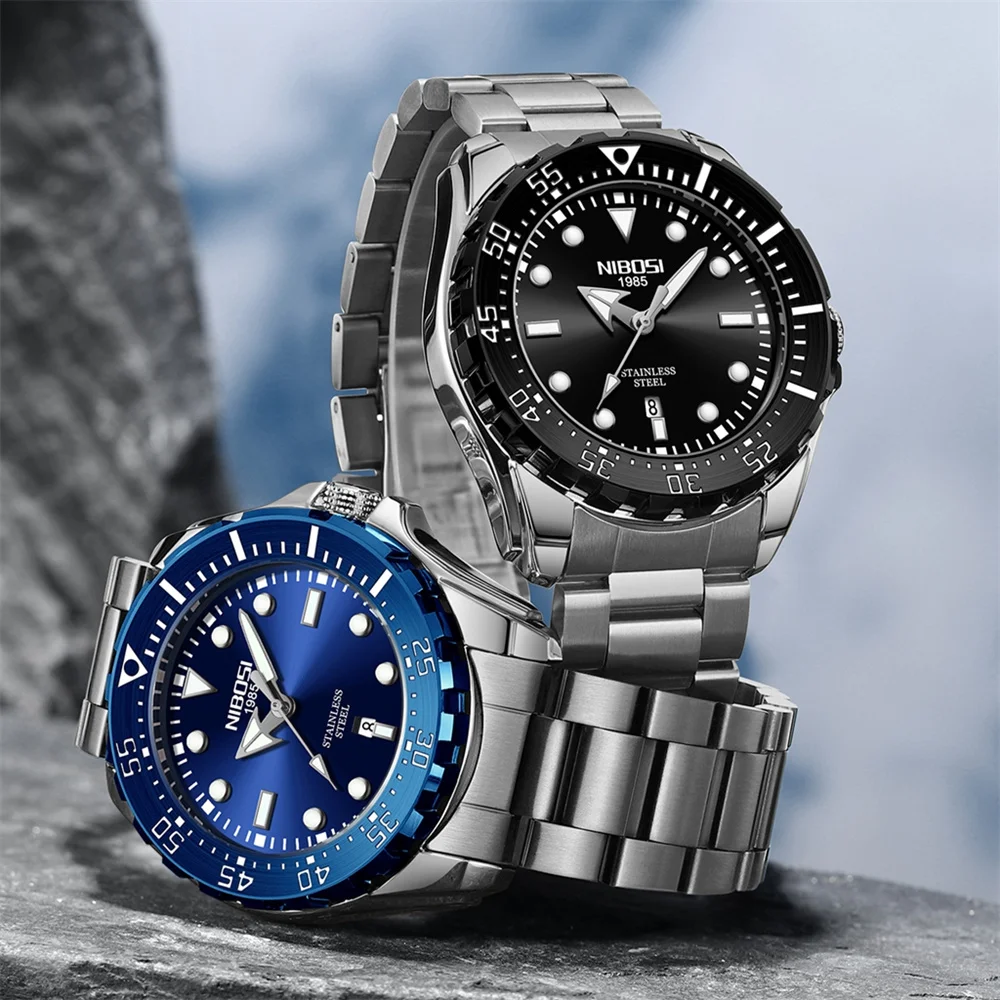 NIBOSI Brand Luxury Mechanical Case Back Design Fashion Quartz Watch Stainless Steel Waterproof Mens Watches Relogio Masculino