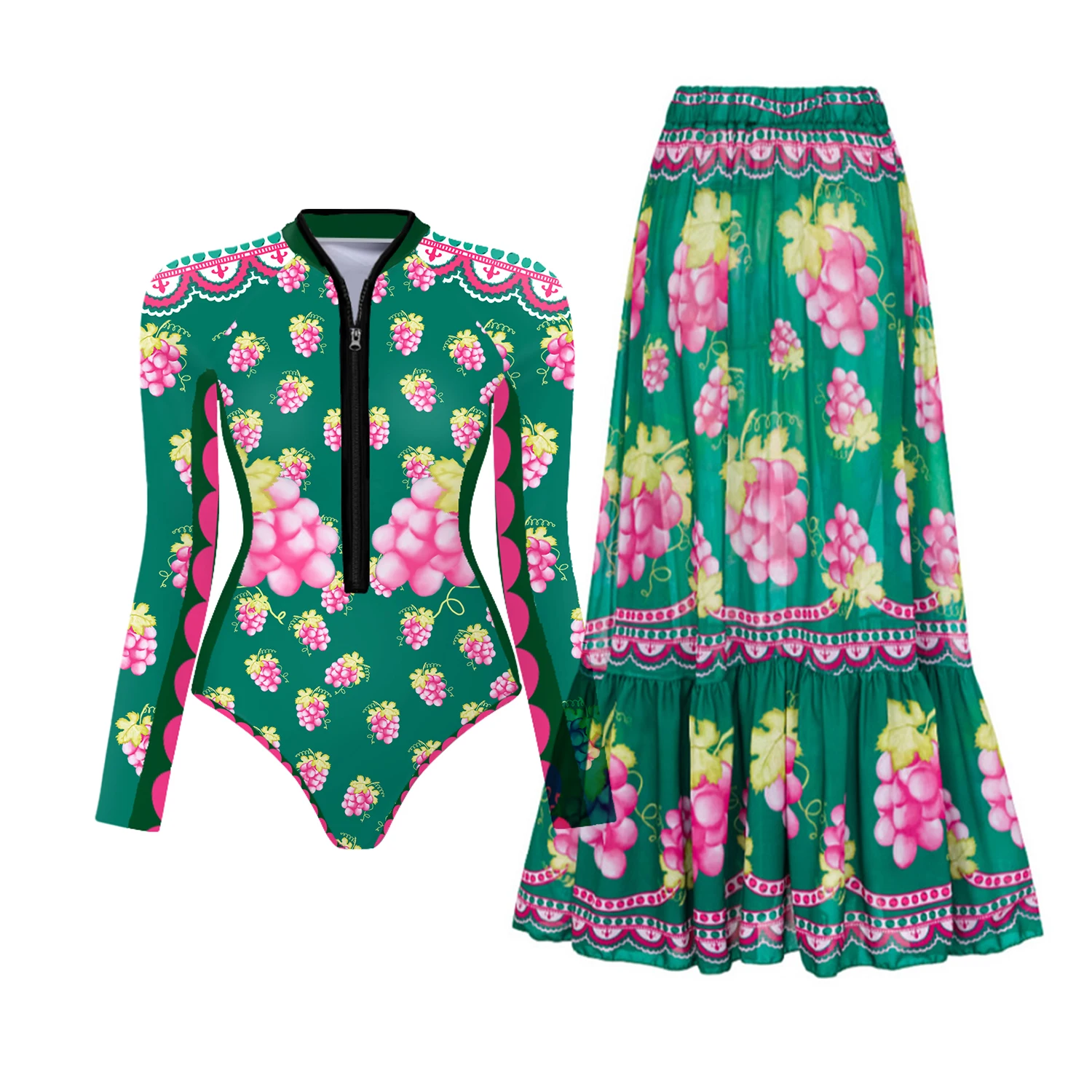 2025 Women’s Retro Printed Swimsuit – Long-Sleeve Slimming Bodysuit with Cover-Up for Surfing and Beachwear Beachwear Swimwear