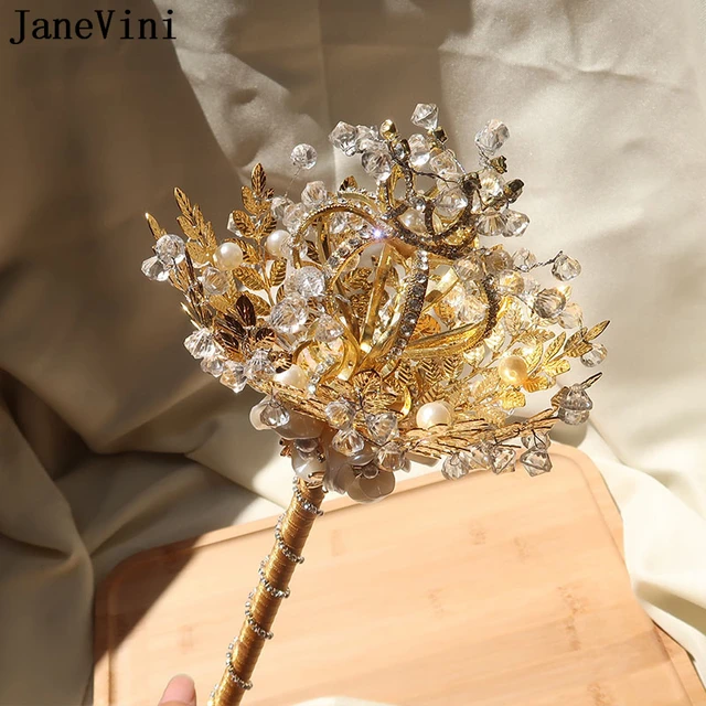 JaneVini Luxury Gold Handmade Crystal Bridal Scepter Bouquets Artificial  Pearls Rhinestone Wedding Bride Holding Flowers Bouquet