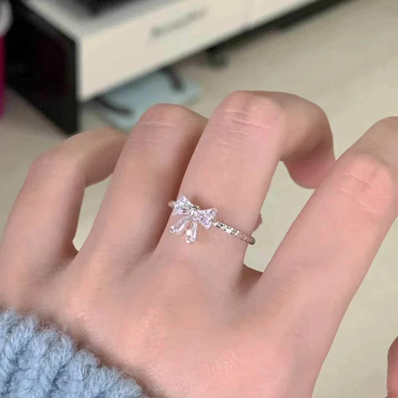 Romantic lovely bowknot rings female girls jewelry ring with shiny bow tie zircon for party dating lovers gifts