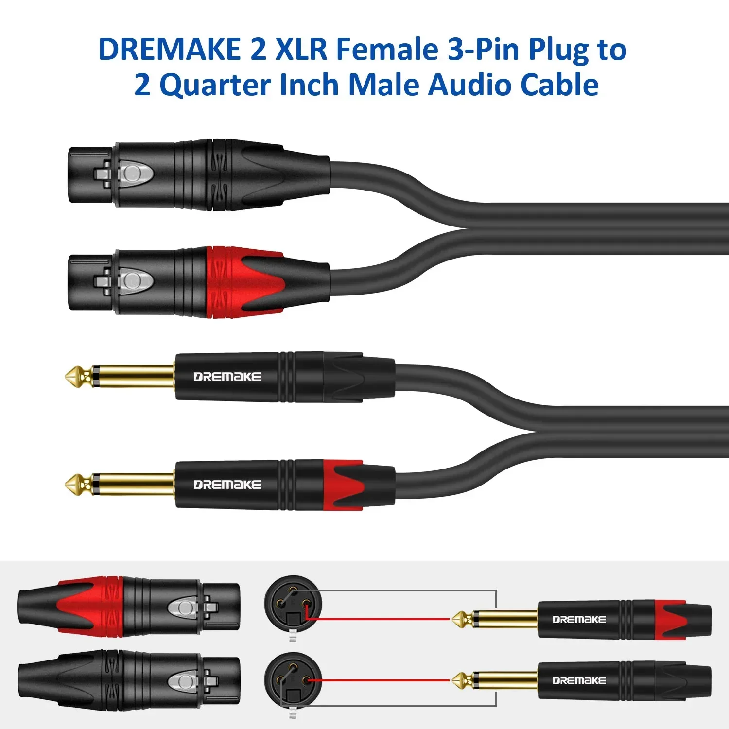 DREMAKE 믹싱 보드 스피커용 마이크 케이블, 수 TS 1/4 인치 잭, 2x6.5mm-2 XLR 암 3 핀, 듀얼 XLR-듀얼 6.35mm 패치 코드