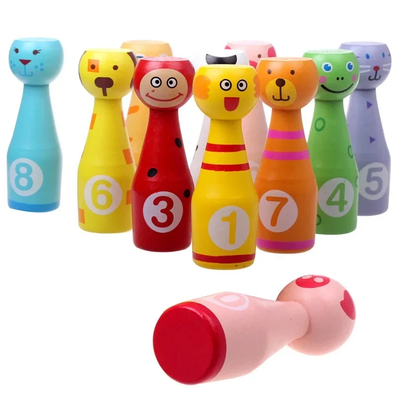 Children Montessori Educational Toy Wooden Animal Bowling Set 10 Pins 3 Balls Bowling