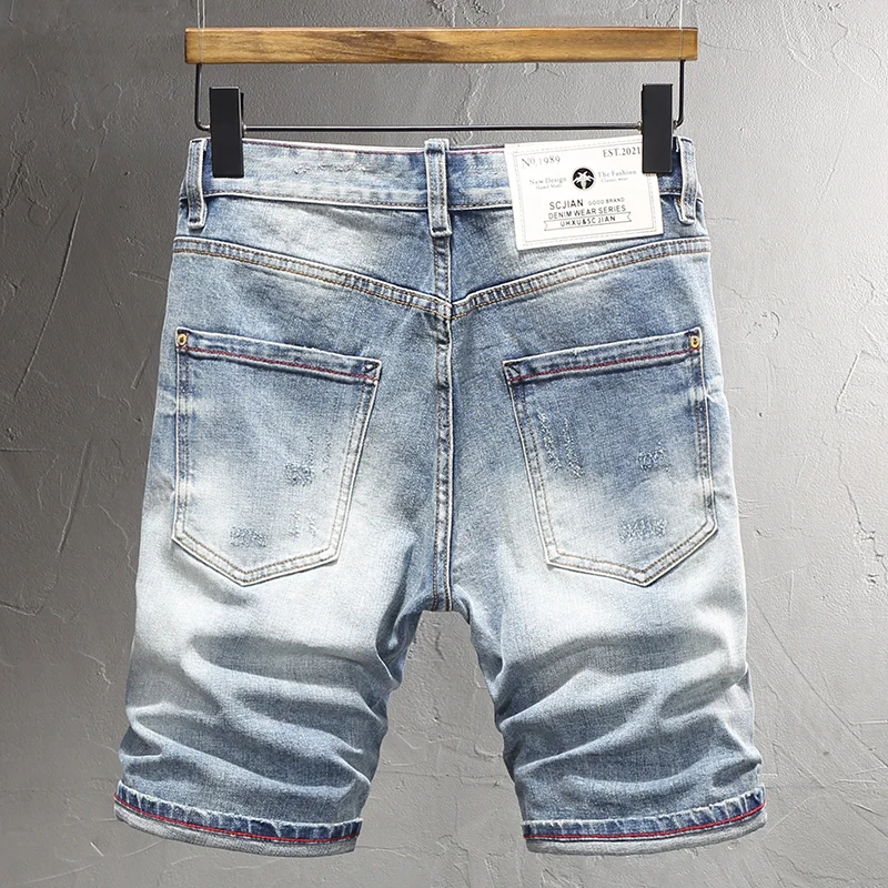 Summer Fashion Men Jeans Retro Light Blue Plain Washed Elastic Ripped Short Jeans Embroidery Designer Hip Hop Denim Shorts Men