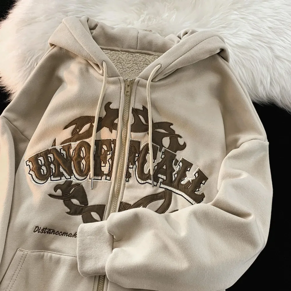 Letter Print Zipper Hoodies Fashion Hip Hop Women Men Autumn Oversize Hoodie Retro Trend Couples Clothes Y2k Zip Up Sweatshirt