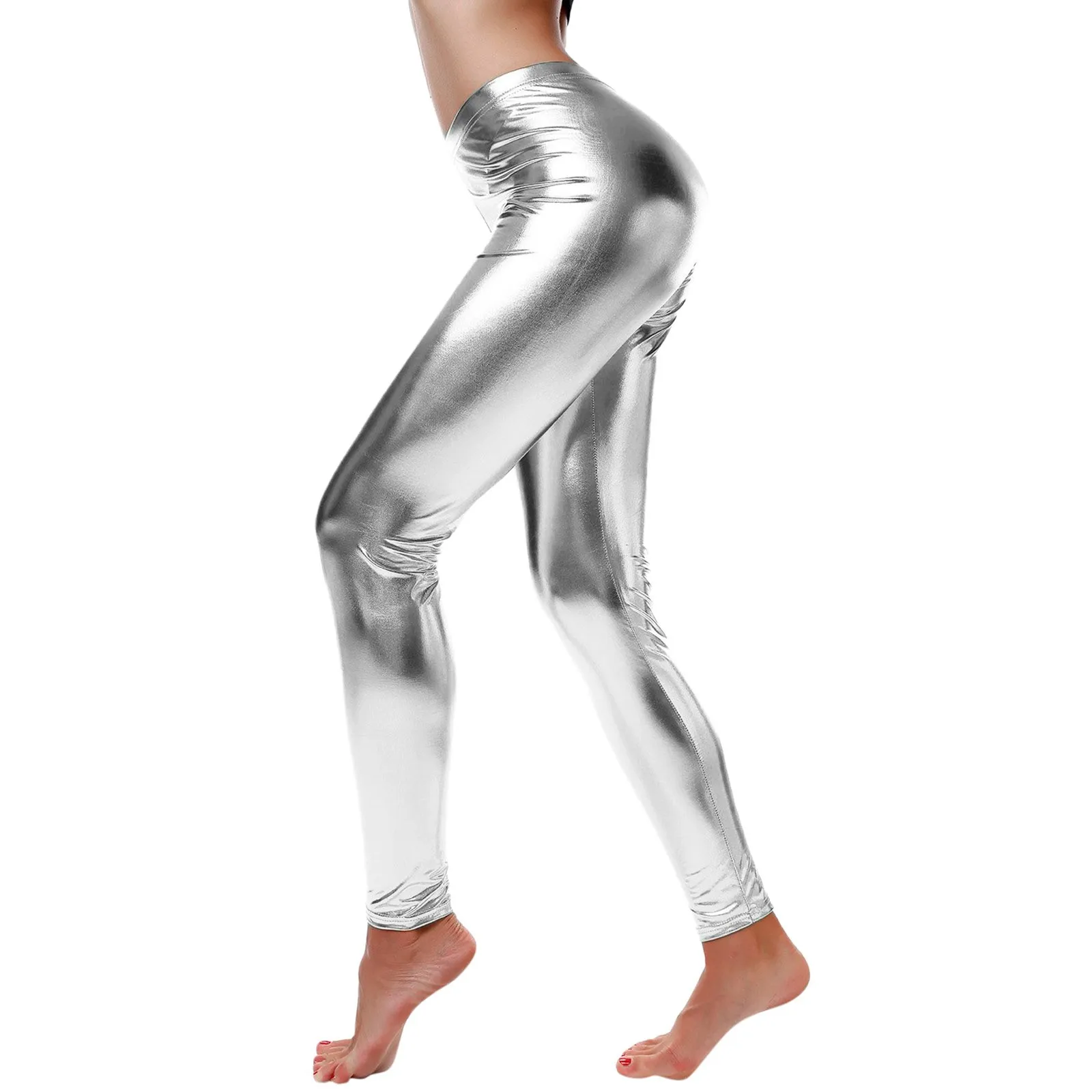 New In Leggings For Women Tummy Control Faux Leather Leggings Wet Look Metallic Waist Legging Pants Trousers Sports Leggings