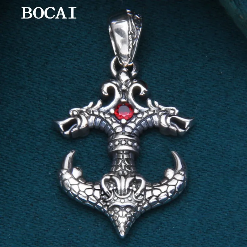 

BOCAI New S925 Sterling Silver Vintage Set With Zircon Double Headed Dragon Boat Anchor Pendant Gift for Men and Women