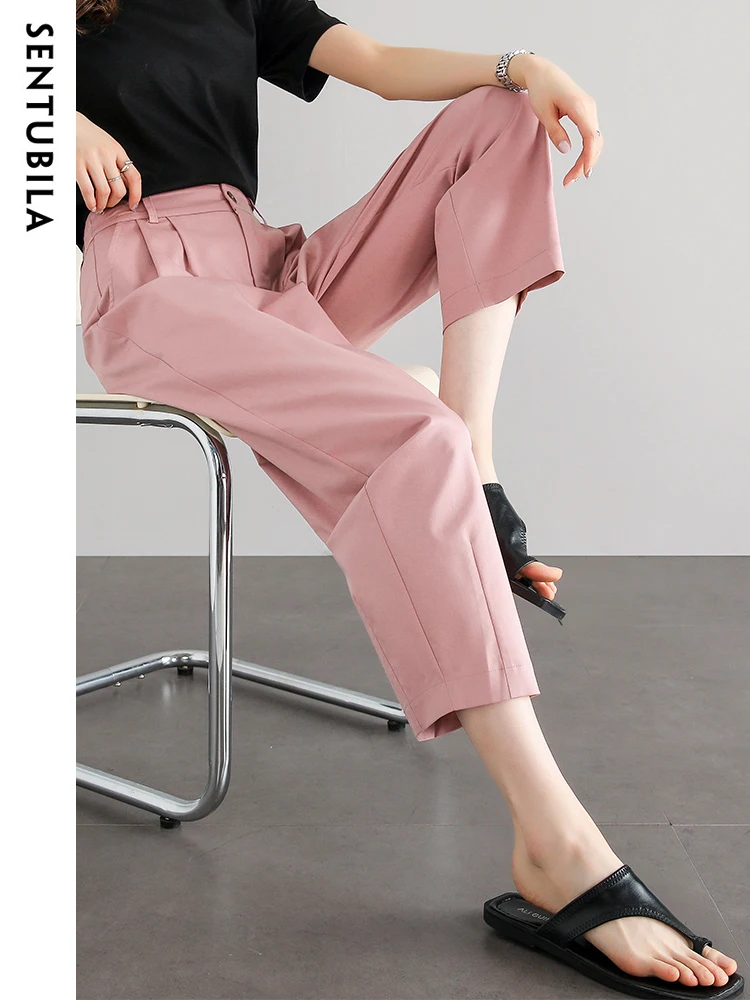 SENTUBILA Lyocell Cotton Blend Women Cropped Pants 2024 Summer Simple Elastic Waist Ankle-length Haren Pants Womens Trousers