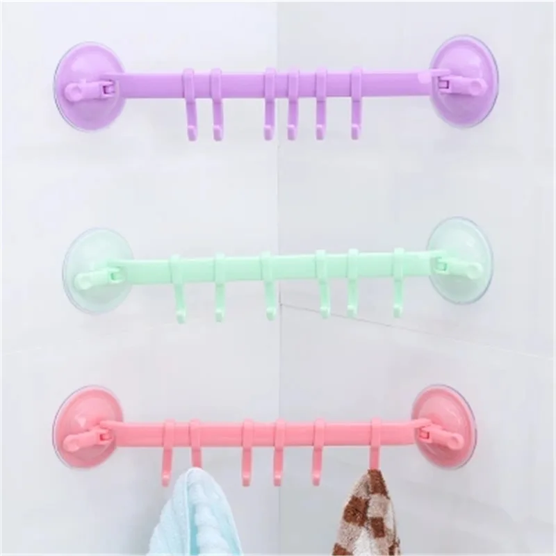 6 Hooks Plastic Suction Cup Kitchen Hanger Organizer Bath Towel Clothes Bathroom Hook Cooking Tool Vacuum Storage Rack Free Nail