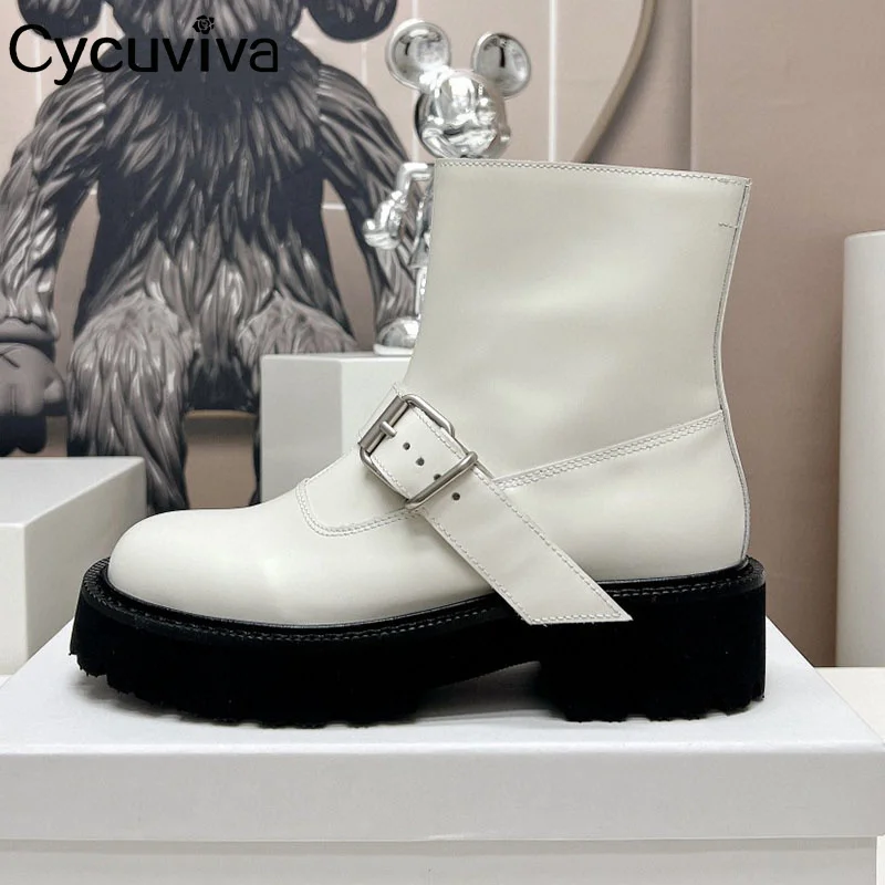 

Genuine Leather Platform Ankle Chelsea Boots Women Thick Sole Leather Belt Motorcycle Boots Girl Autumn Casual Shoes Botas Mujer