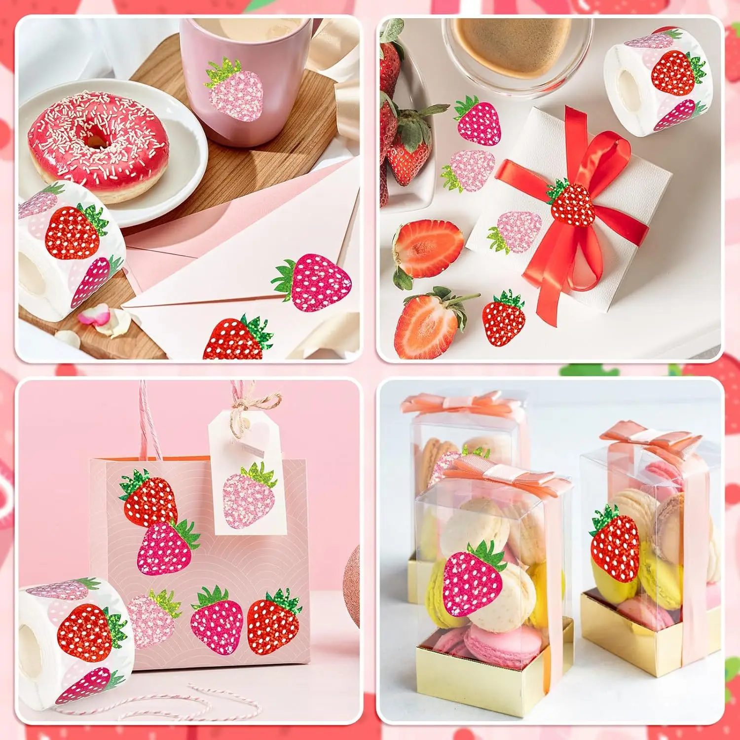 500 Pcs 딸기 스티커 롤 홀로그램 핑크 레드 베리 과일 씰 스티커 3 색 봉투 스크랩북 용 방수 데칼
