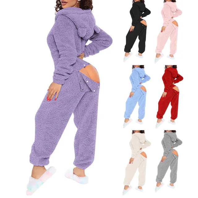 2025 New Sexy Onesies for Women Plush Hooded Bum Open Ass Flap Jumpsuit Thicken Pajamas Solid Long-Sleeve Zipper Sleepwear 1