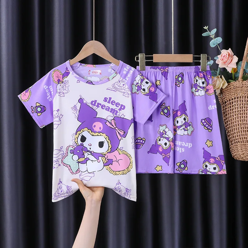 Girls' Pajamas Summer Short Sleeved Casual Two-piece Set Cartoon Cute  Anime Kuromi Cinnamoroll Children Short Sleeved Set 4