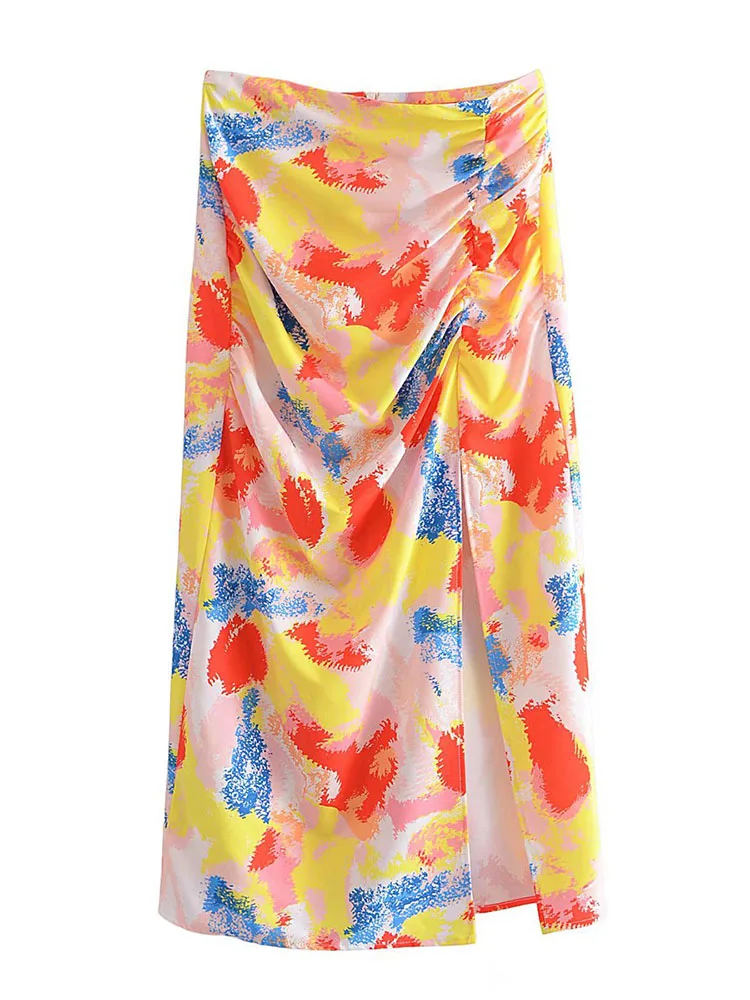 

BBWM 2022 Fashion New Women Printed Skirt Ladies Casual High Waist Side Slit Midi Skirt