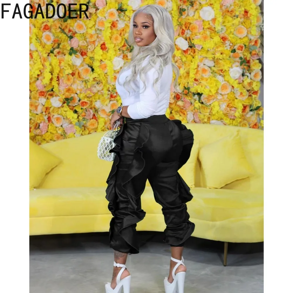 FAGADOER Black Fashion Ruffle Design Pants Women High Waisted Skinny Trousers Autumn Female Solid Color Matching Sporty Bottoms