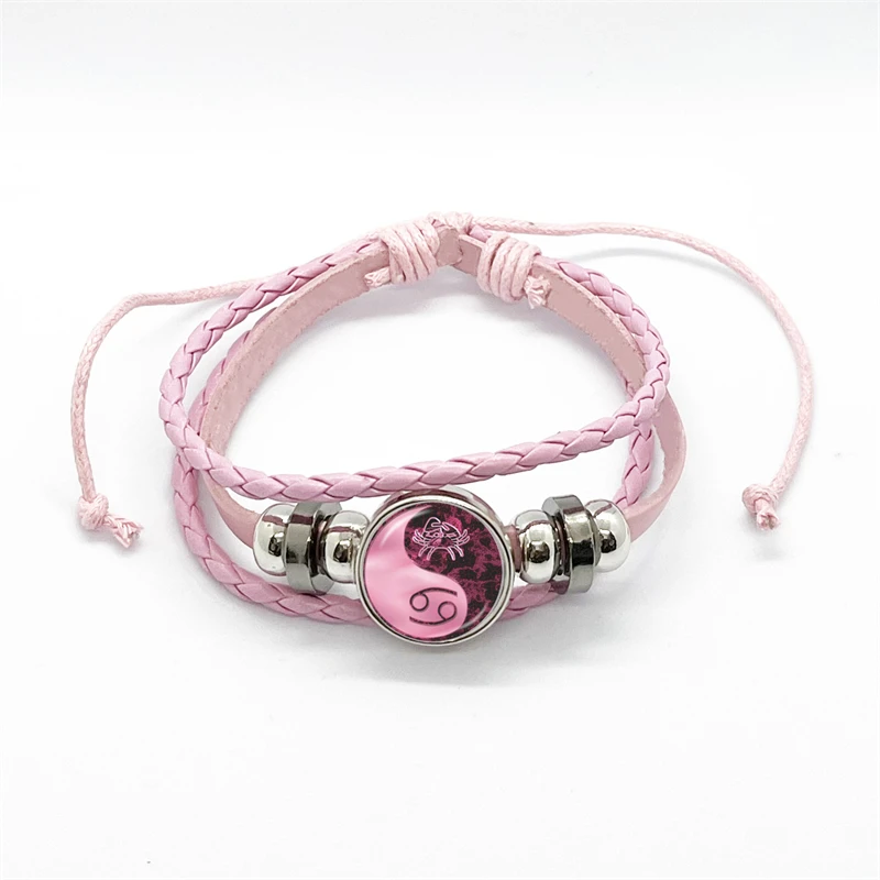 12 Zodiac Signs Yin Yang Bracelets Constellation Glass Cabochon Pink Leather Bangle Women Girls Birthday Gifts Wholesale 4