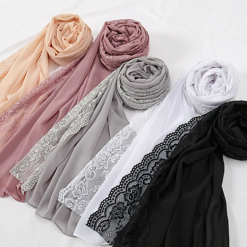 

Women Muslim Bubble Chiffon High Quality Hijab Shawls Lace Floral Wrap Islamic Ramadan Hijabs Scarves Lady Beach Soft Veil Sjaal