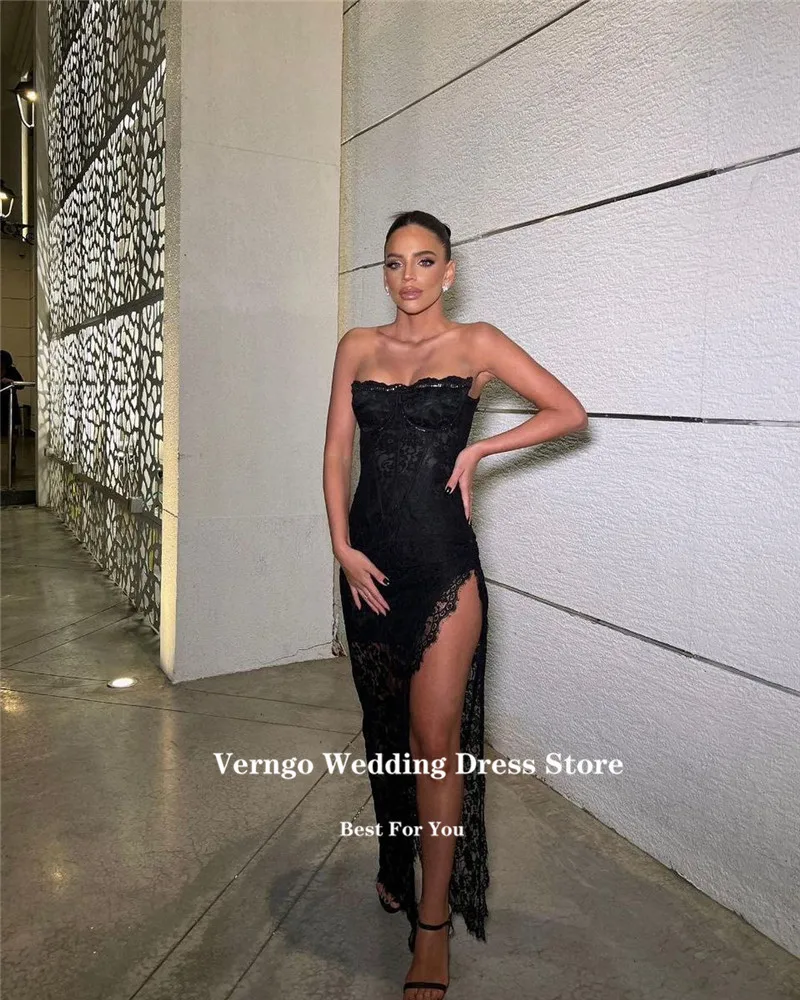 

Verngo Black Strapless Lace Evening Dresses Split Arabic Dubai Night Party Formal Prom Gowns Night Event Dress Robe de soiree