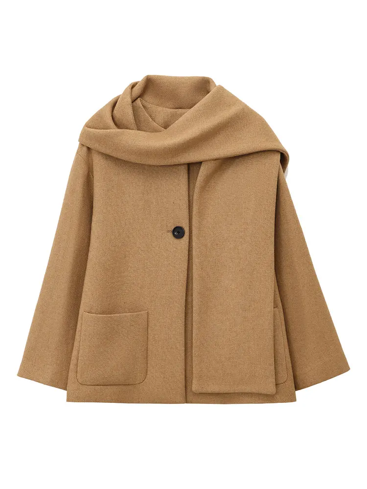 HH Autumn Winter Women Casual Solid Scarf Collar Coat Long Sleeve Single Button Jacket With Pocket Daily Commuting Street Jacket