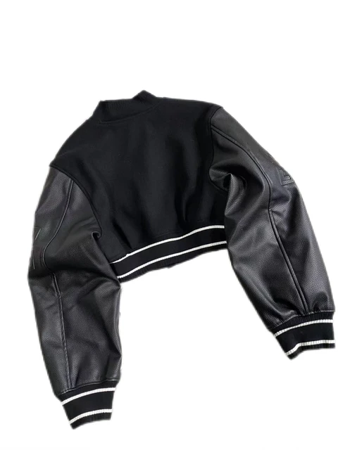 Black and Gold Striped Letterman Jacket with Black Leather Sleeves