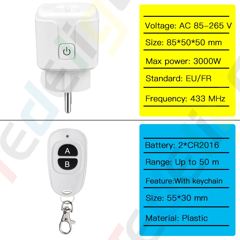 RF 220V 16A Electrical Socket 433MHz Wireless Remote Control Plug 3000W EU FR Standard,for Home LED/Light/Fan/Lamp ON OFF 2