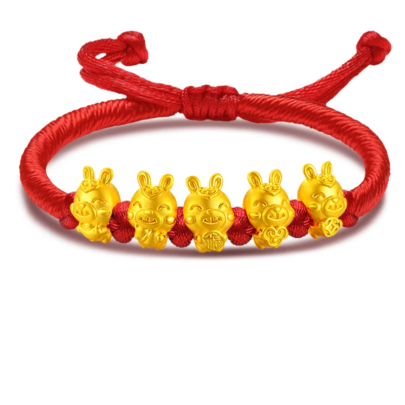 

1pcs 999 Pure 24K Yellow Gold Bracelet Women's 3D Zodiac Rabbit Blessing Money Bag Coin Red String Bracelet