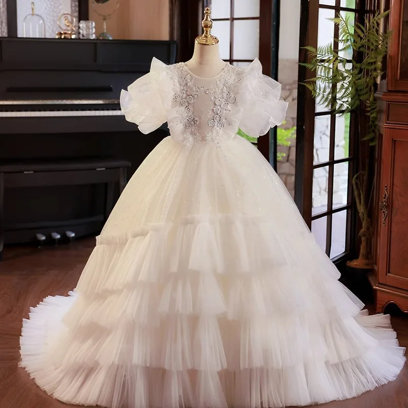 

Girls' dress High-end tail High-end catwalk Small host Heavy industry piano performance dress white Flower Girl Princess Dress