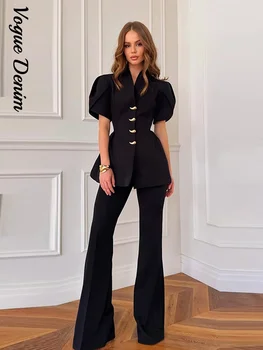 Casual Solid Top Pants Sets Women Short Puff Sleeve Button Shirt Long Straight Trousers Set Female 2026 Spring Lady Outfit 1
