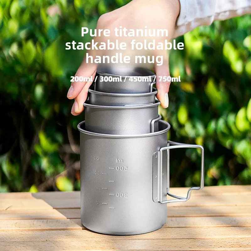 Pure Titanium Mug with Lid, Outdoor Folding with Handle, Double-layer Anti-scalding Portable Travel Set, Camping Water Cup 4