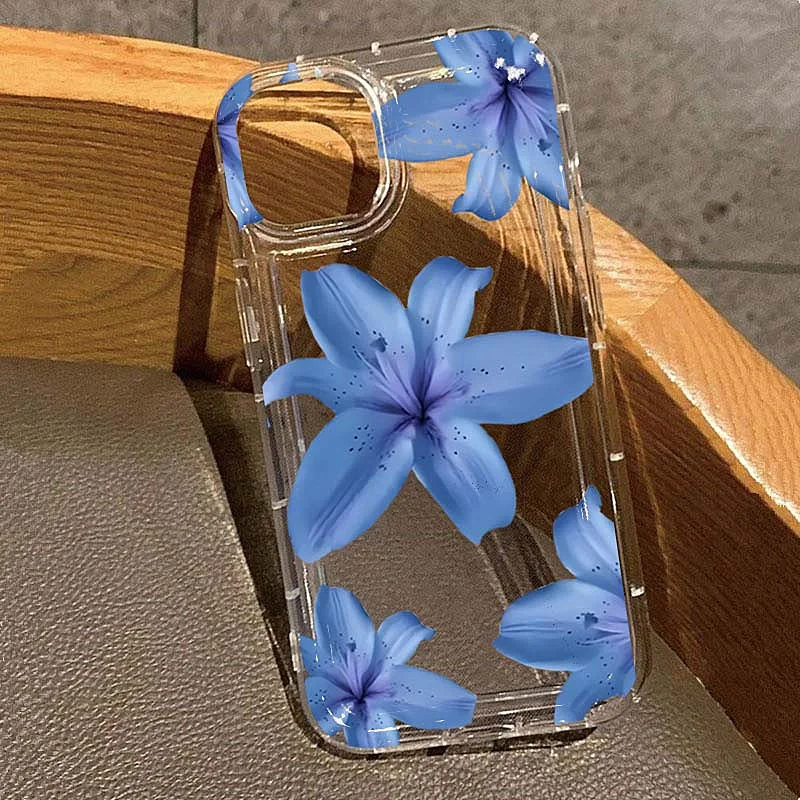 Elegant Blue Lily Pattern TPU Phone Case For iPhone 16 14 17 Pro