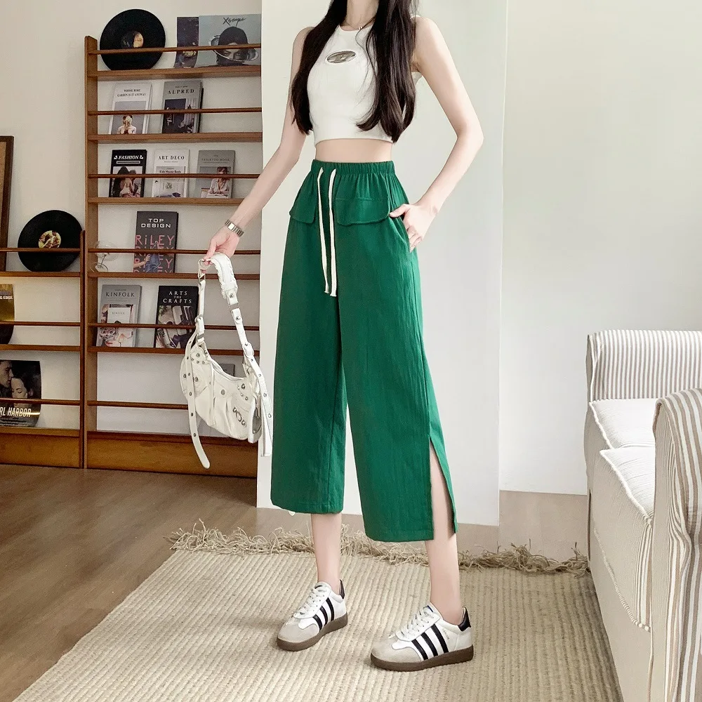 New Women Cotton Pants Casual Wide Leg Elastic Waist Loose style Female Trousers Spring Summer Women Calf-Length Pants