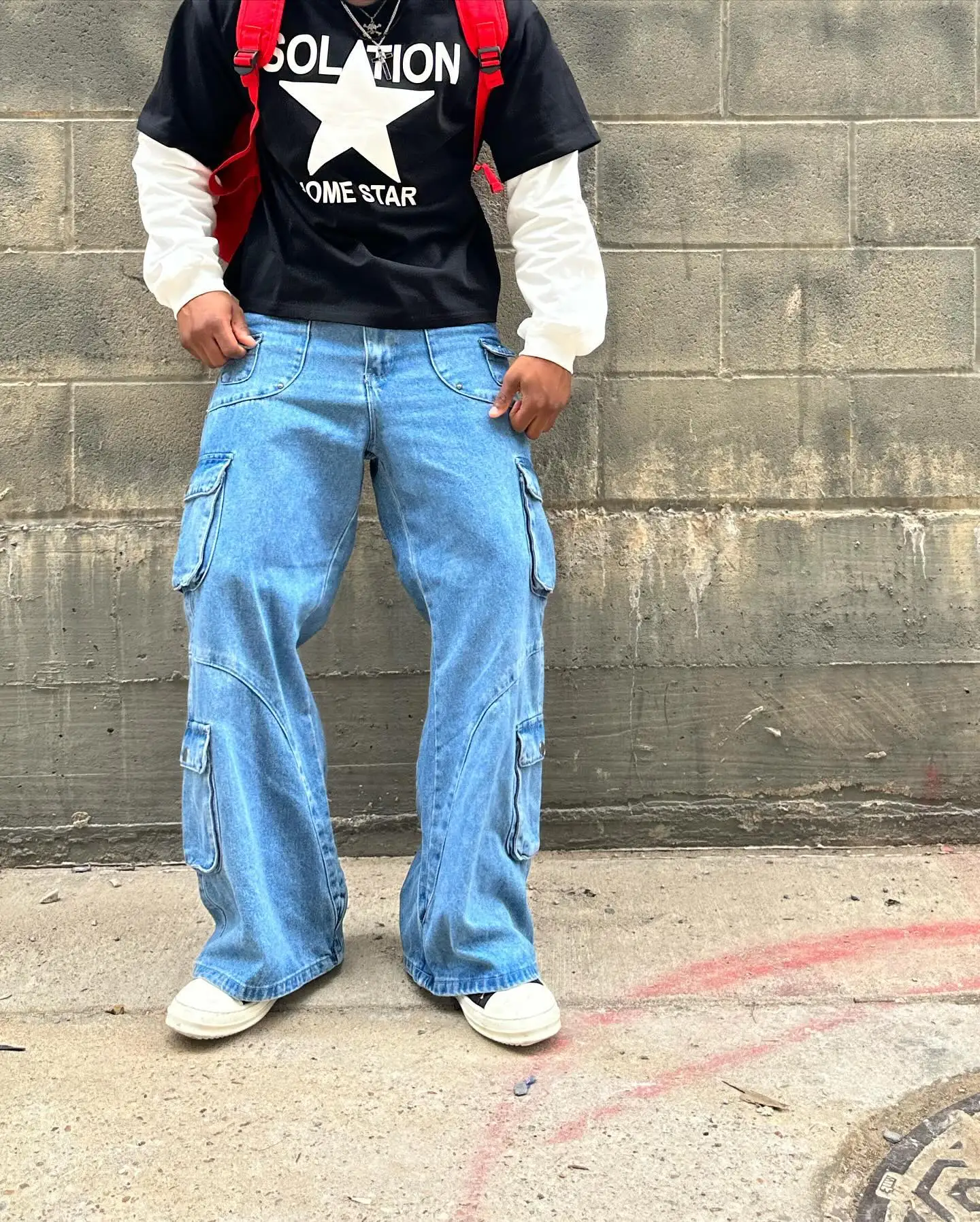 Y2K Loose Fit Ripped Black Cargo Jeans for Men Vintage Wide Leg Denim Pants with Large Pockets Casual Streetwear Fashion