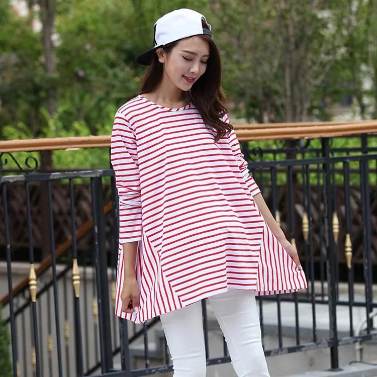 

Pregnant women spring and autumn dress large size pregnant women shirt striped top medium long T-shirt gray22